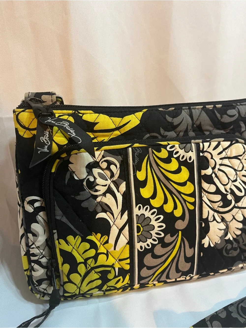 Vera Bradley Black Yellow Cream Quilted Floral Cosmetic Bag